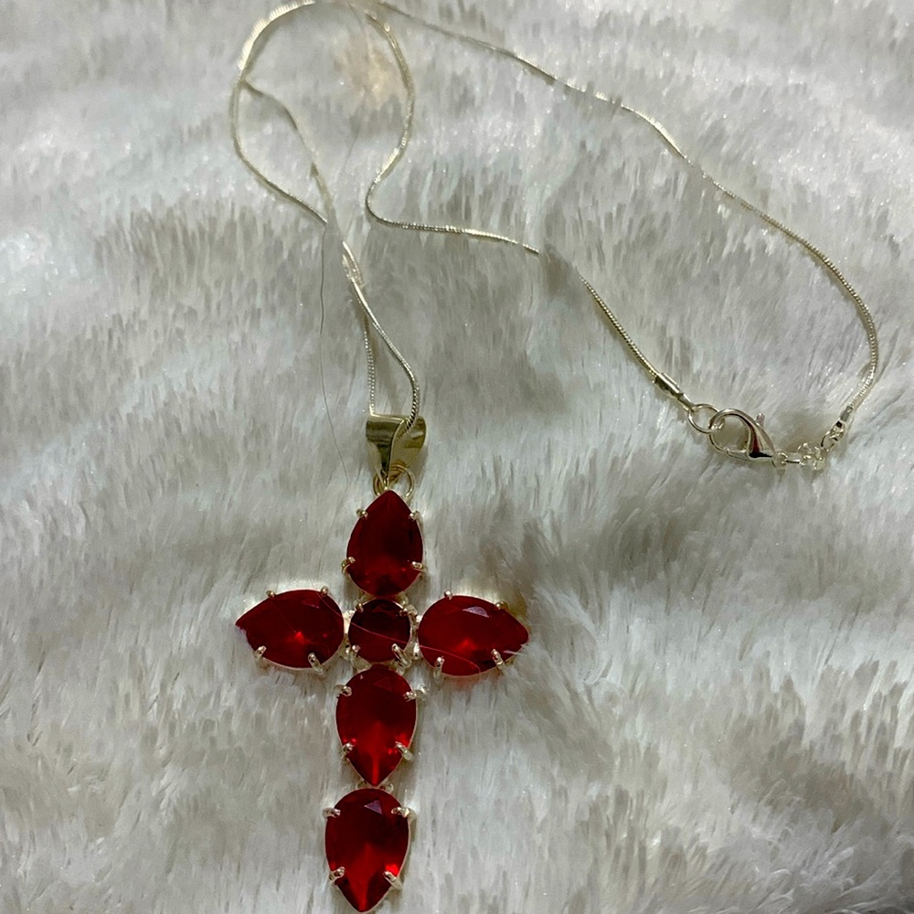 CROSS PENDANT MOZAMBIQUE GARNETS SET IN .925 STERLING SILVER 2.48” & 18” CHAIN